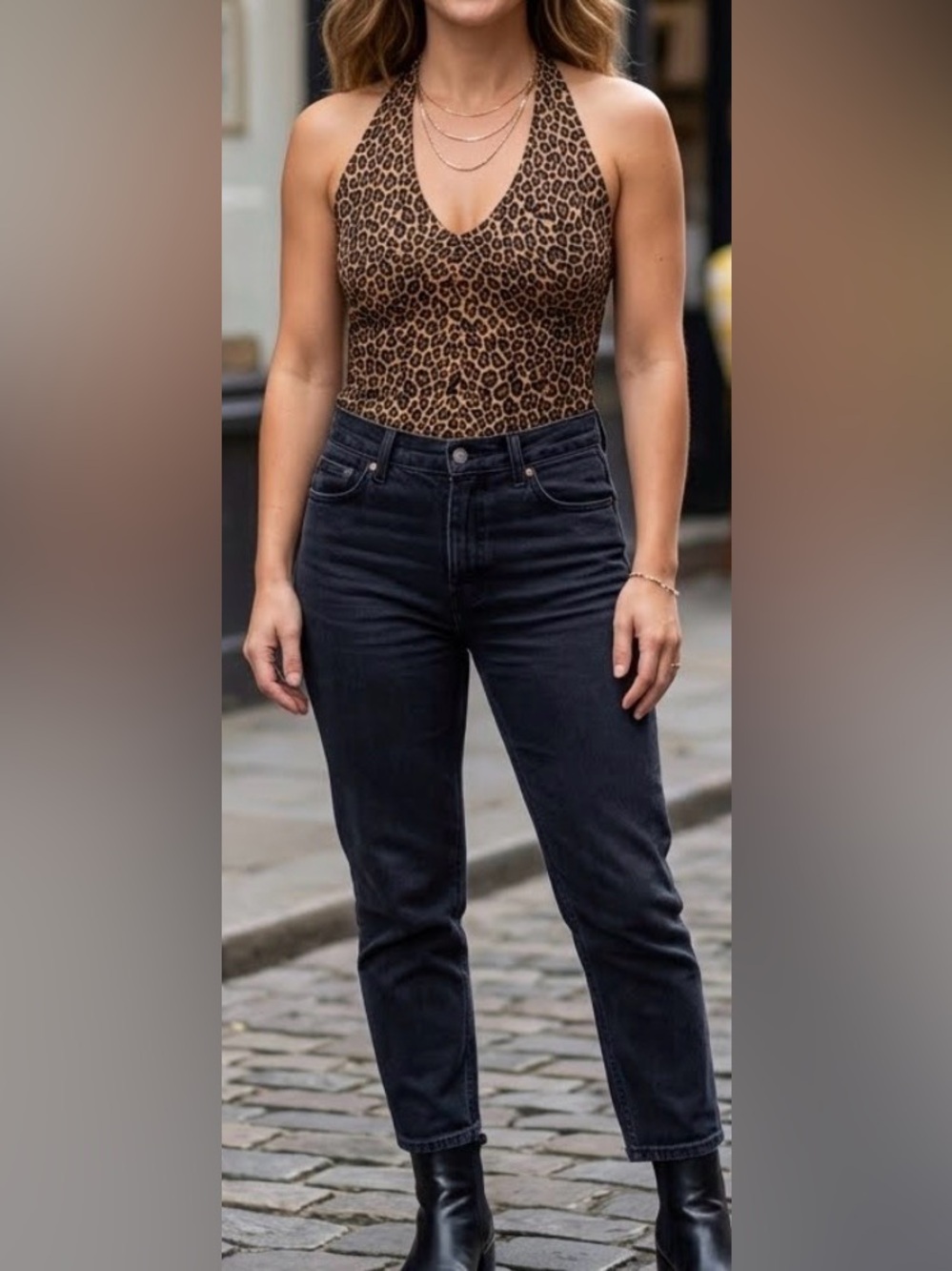 Leopard Print Halter Tank Top - Brown/Black